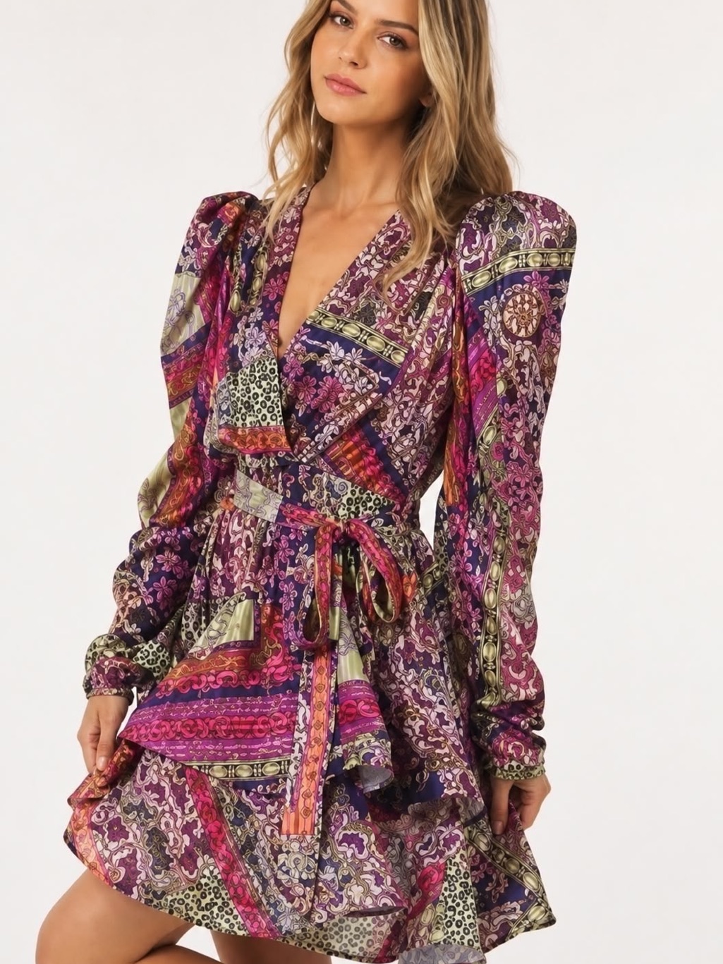 Purple Patchwork Wrap Long Sleeve Mini Dress